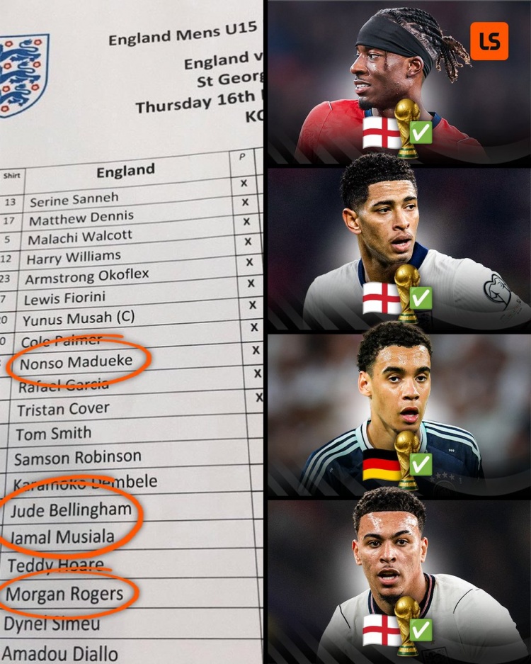 英格蘭U15四子齊聚2026世界杯：貝林穆西亞拉領(lǐng)銜，帕爾默落選